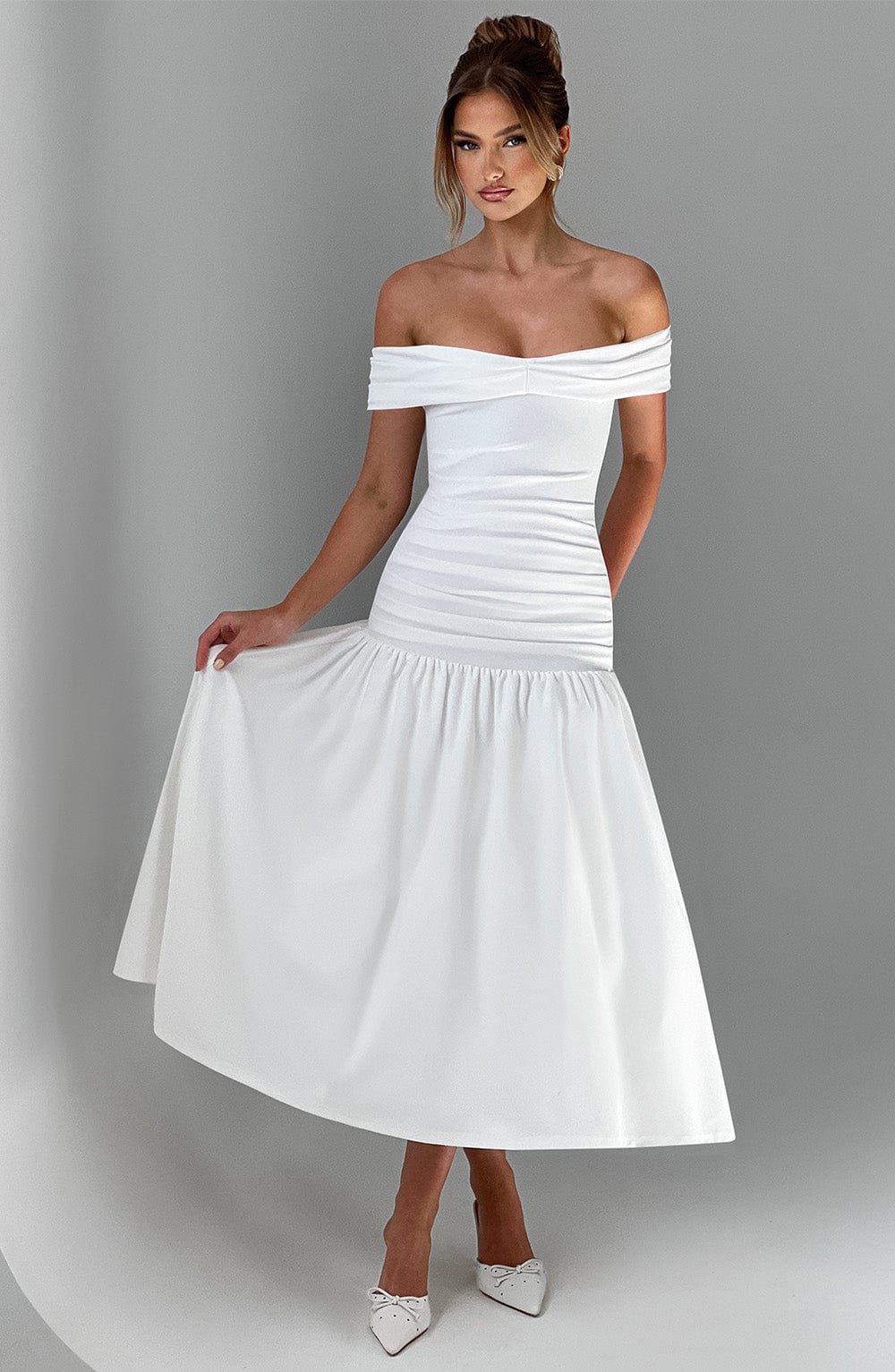 Ivory Midaxi Dress with Pleated Bardot Neckline