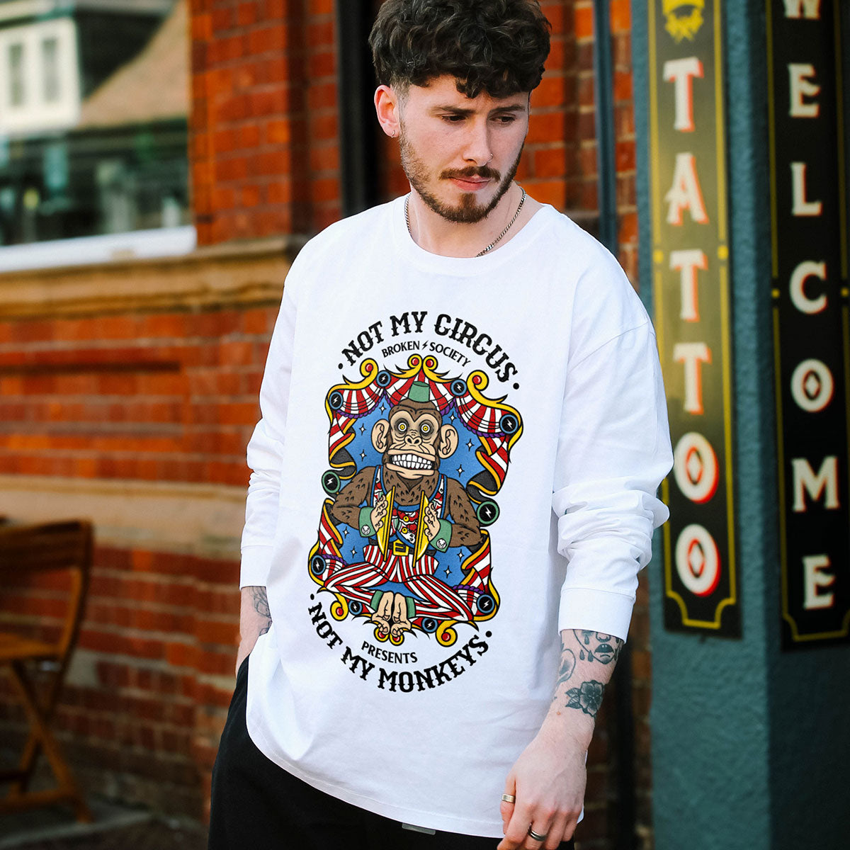 Traditional Tattoo Front Print Long Sleeve Tee (Unisex) - White/Black