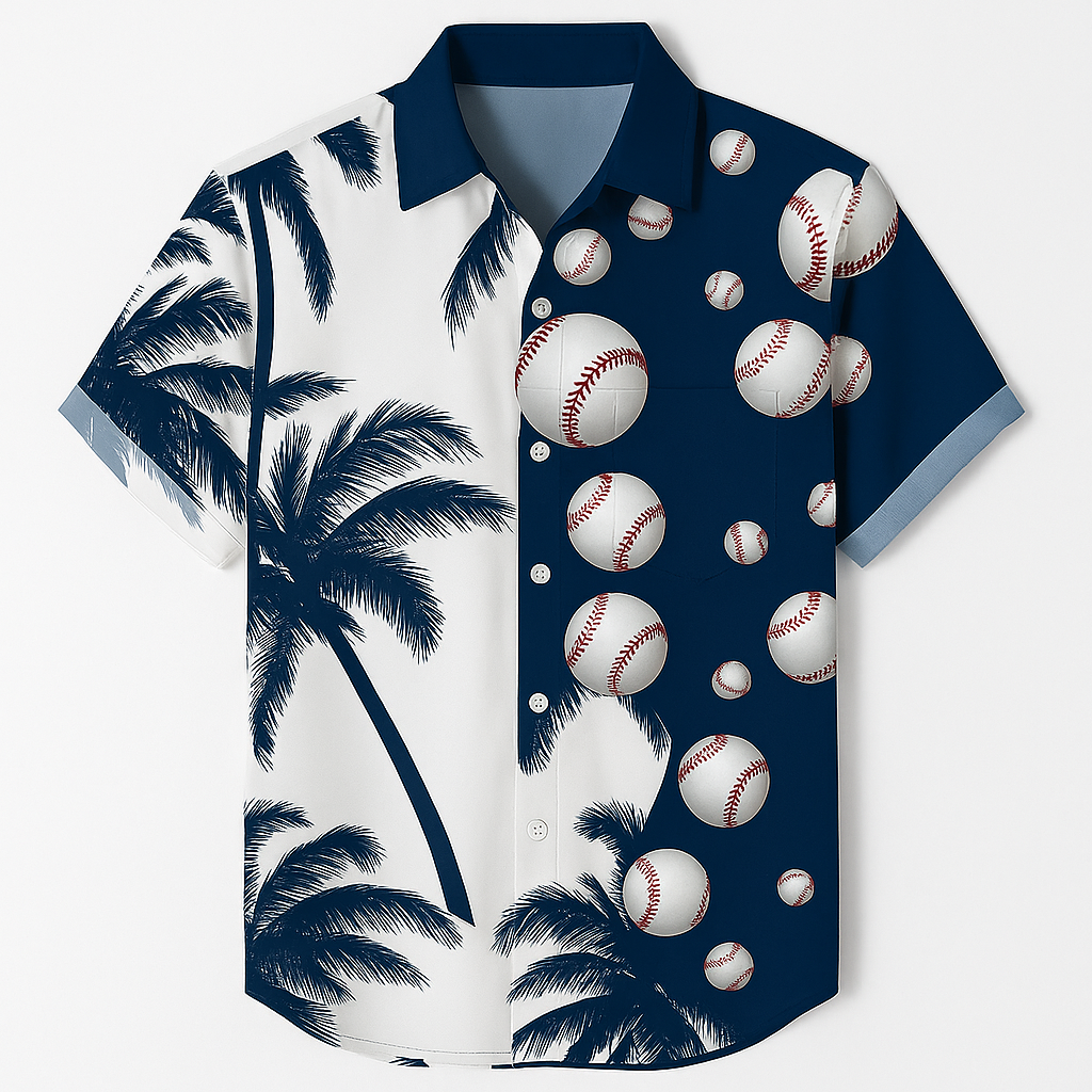 Tropical Baseball Print Button-Up Shirt