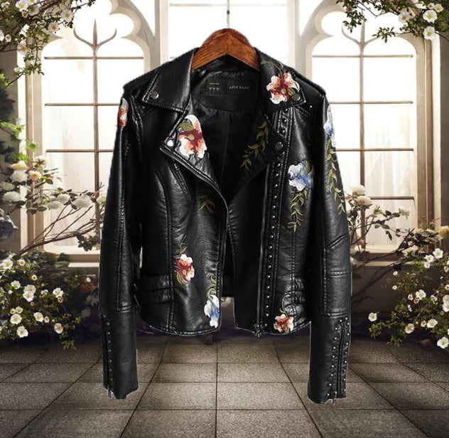 Chic Floral Faux Leather Jacket for Women