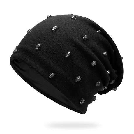 Gothic Skull Print Beanie Hat in Black - Unisex Grunge Style
