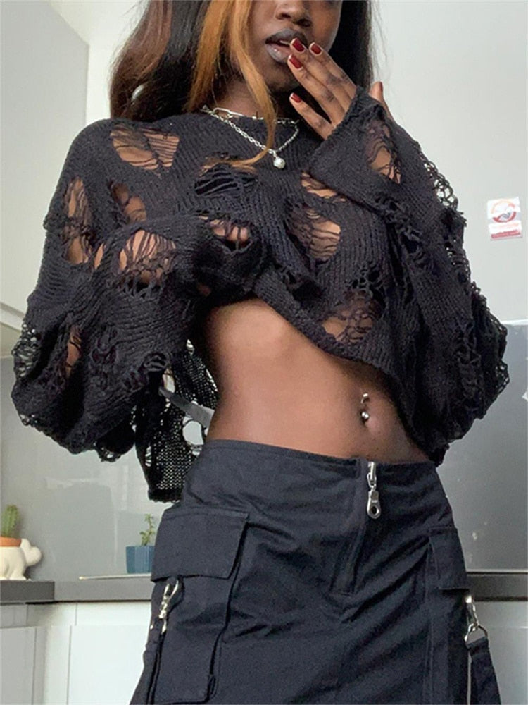 Elegant Ripped Knit Sweater in Premium Cotton & Polyester Blend