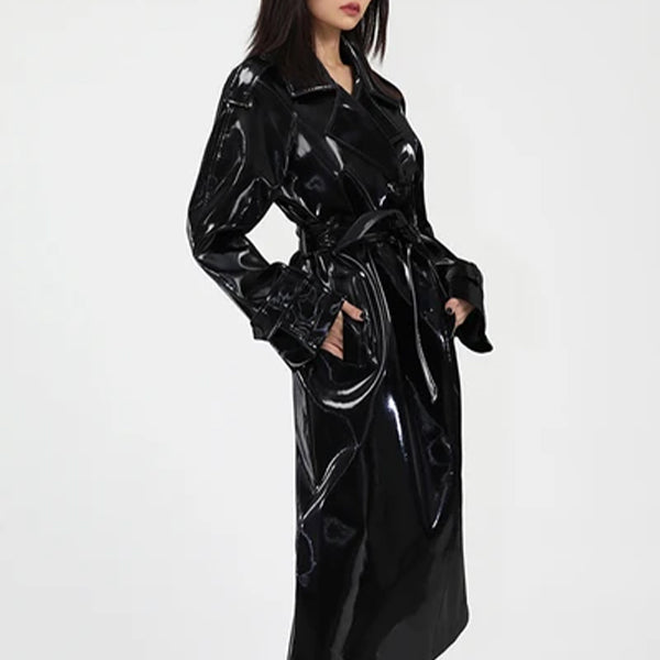 Chic Black Leather Trench Coat for Women