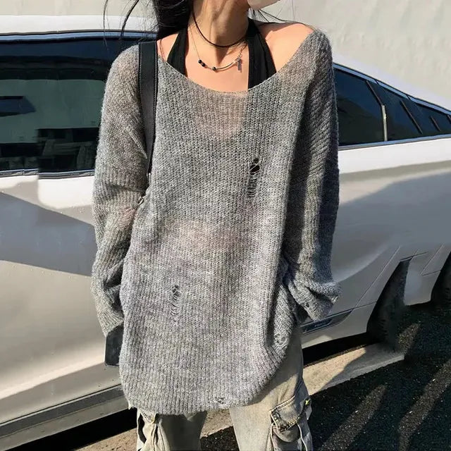 Gray Cotton Polyester Womens Knitted Sweater