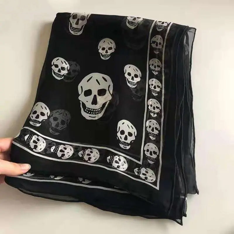 Black Cotton Polyester Blend Skull Print Scarf 60cm