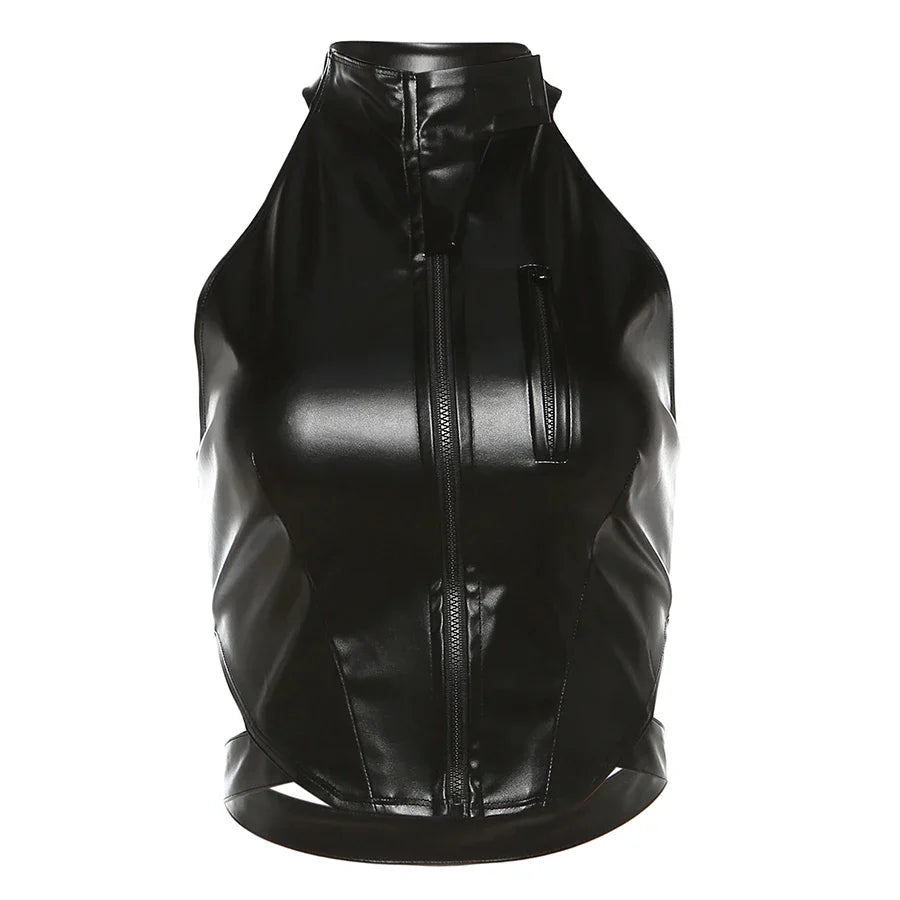 Faux Leather Womens Tank Top Black Trendy Style