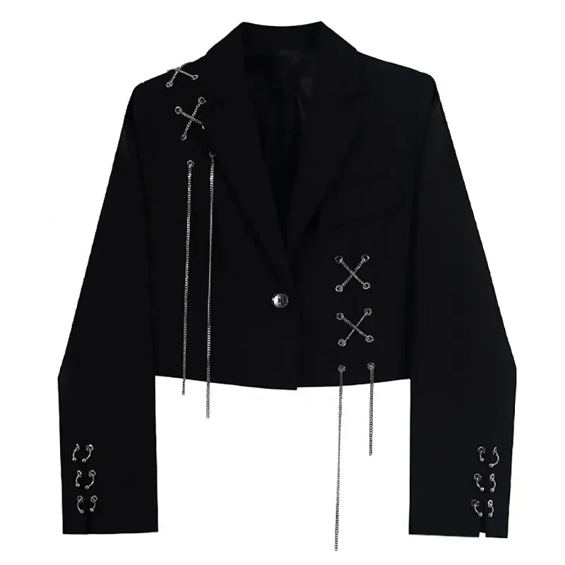 Gothic Cropped Black Blazer Womens Premium Cotton Polyester