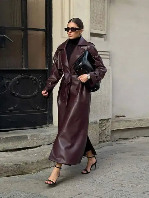 Burgundy Vintage Faux Leather Womens Coat