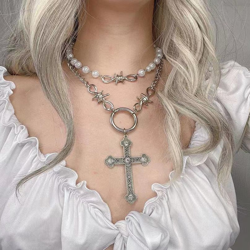 Elegant Pearl-Cross Necklace Set in Premium Alloy