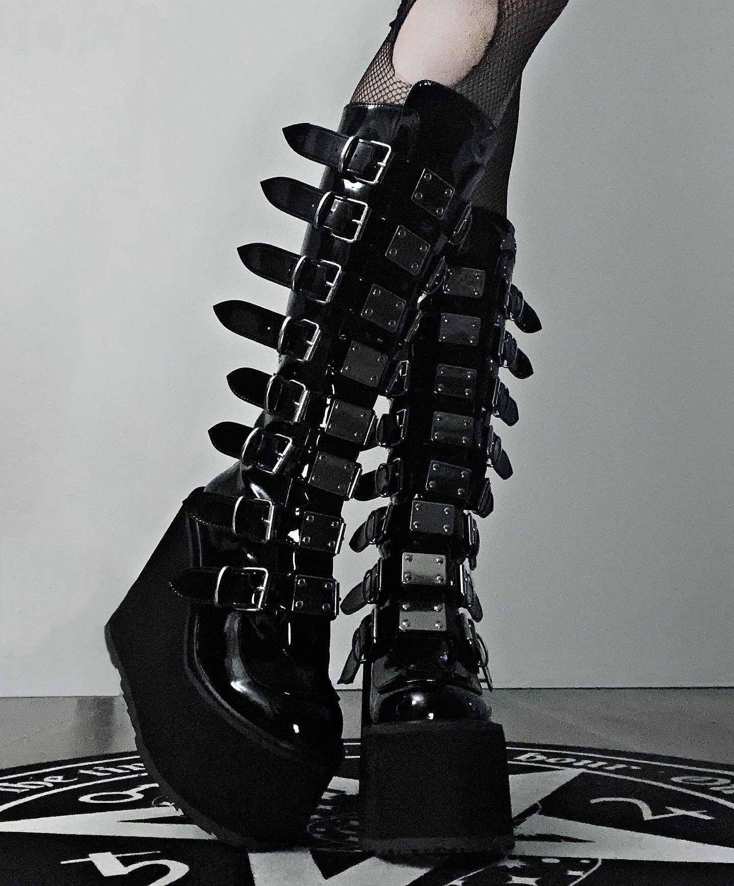 Gothic Buckled Platform Boots Black Vegan Patent