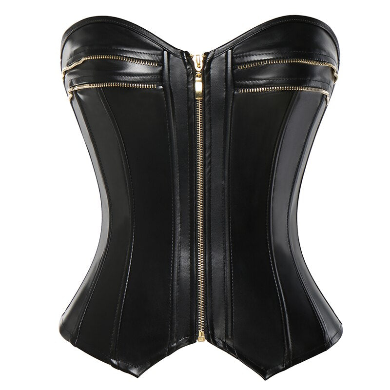 Gothic Leather Zip Bustier Top - Sexy Front Zip Detail