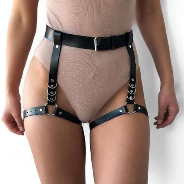 Black Faux Leather Rings Thigh Belt with Buckle