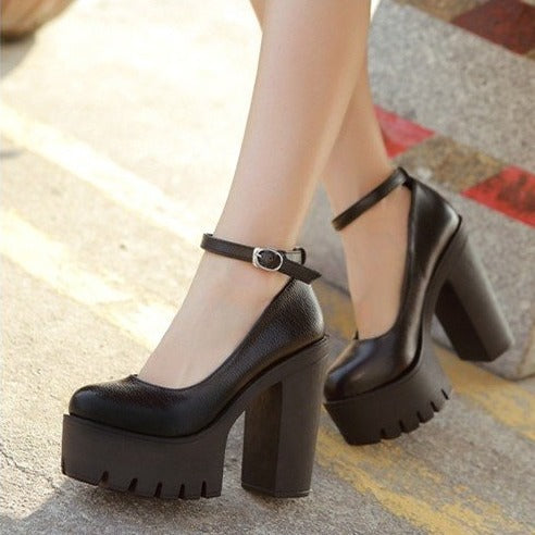 Ankle Strap Platform Heels, Vegan Leather, Chunky Sole