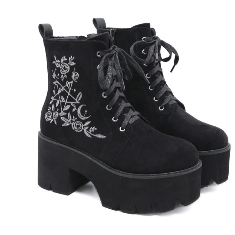 Witchy Floral Lace-up Ankle Boots