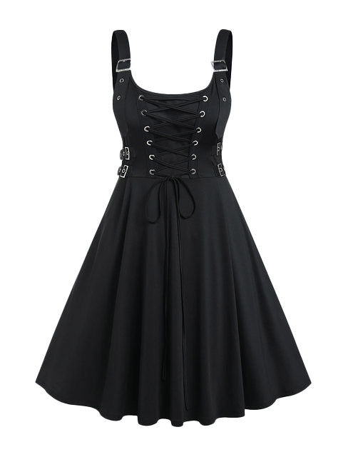Elegant Gothic Belted Dress in Black | Premium Cotton & Polyester