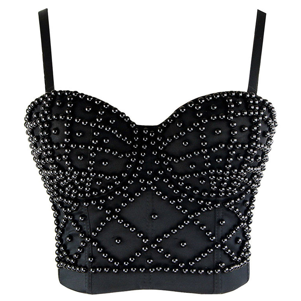 Gothic Beaded Black Top Spandex Polyester Blend