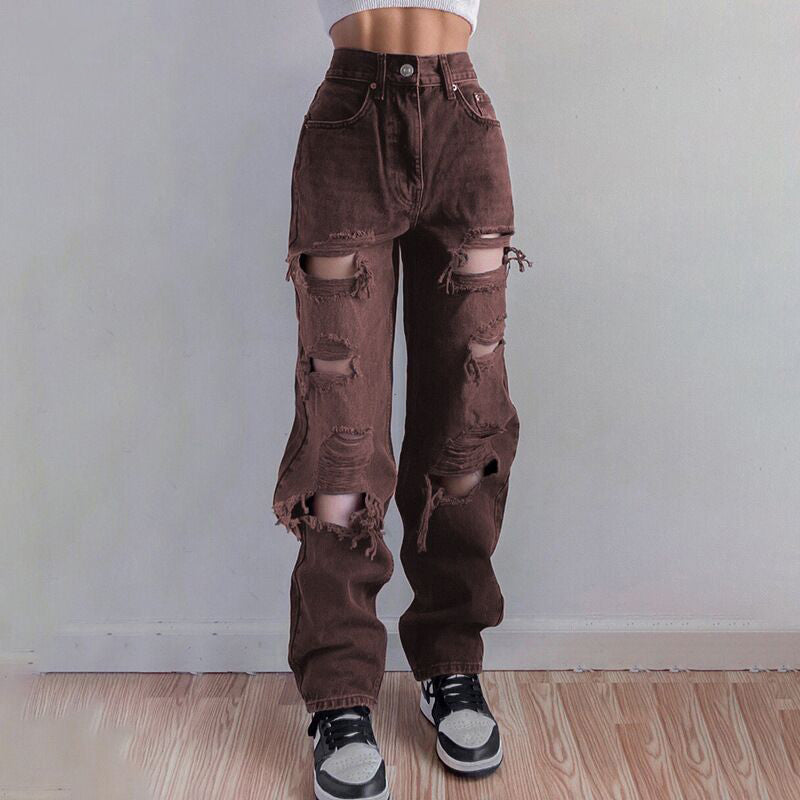Gothic Style Ripped Denim Jeans in Black and Brown