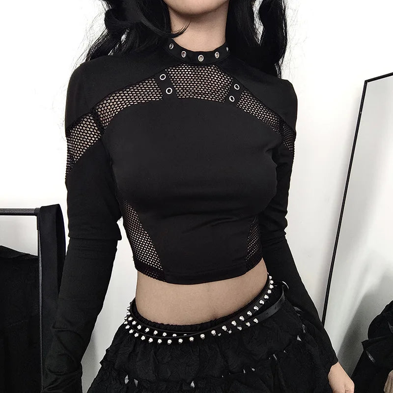 Black Gothic Cotton-Polyester Womens Top