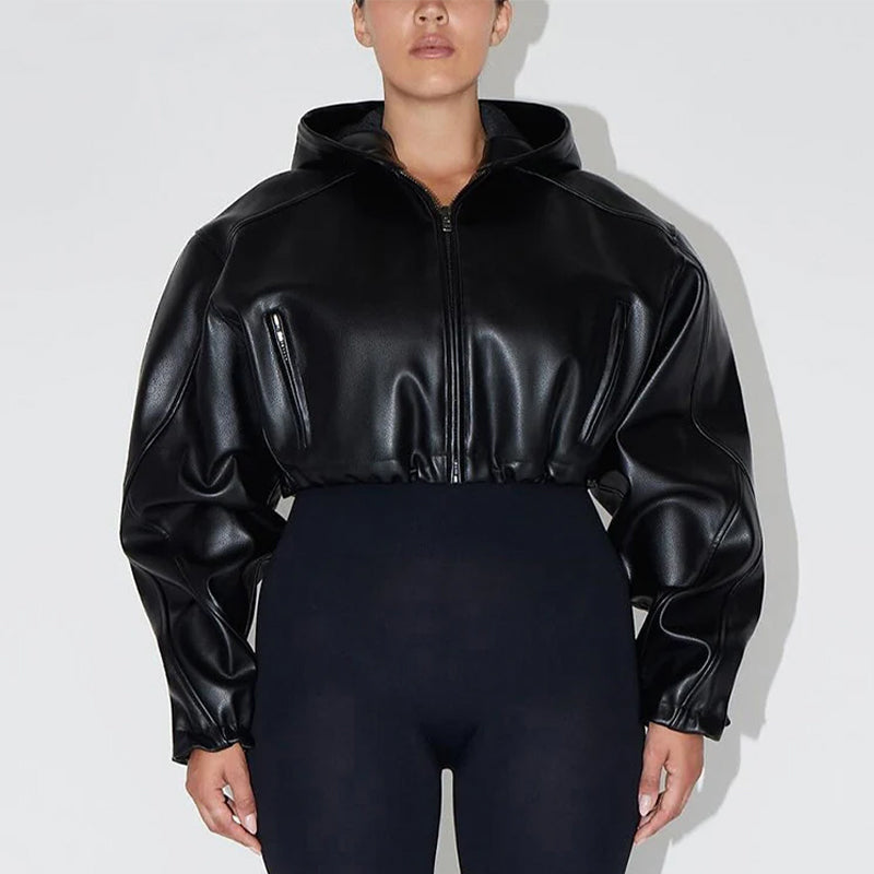 Stylish Black Faux Leather Cropped Jacket