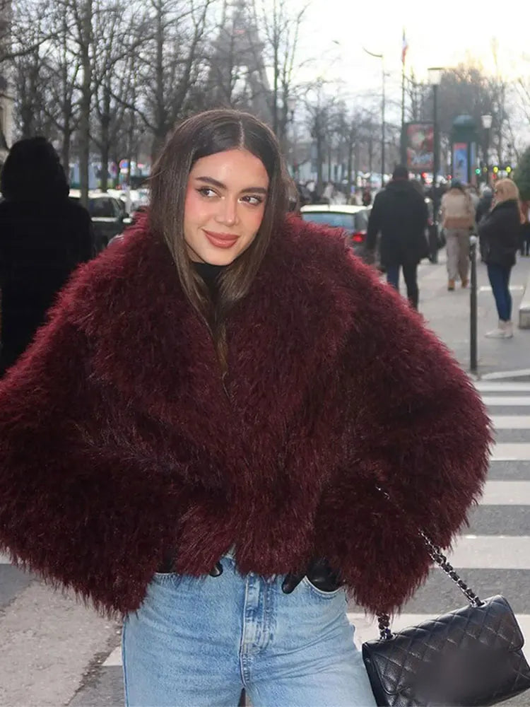 Burgundy Faux Fur Coat for Women
