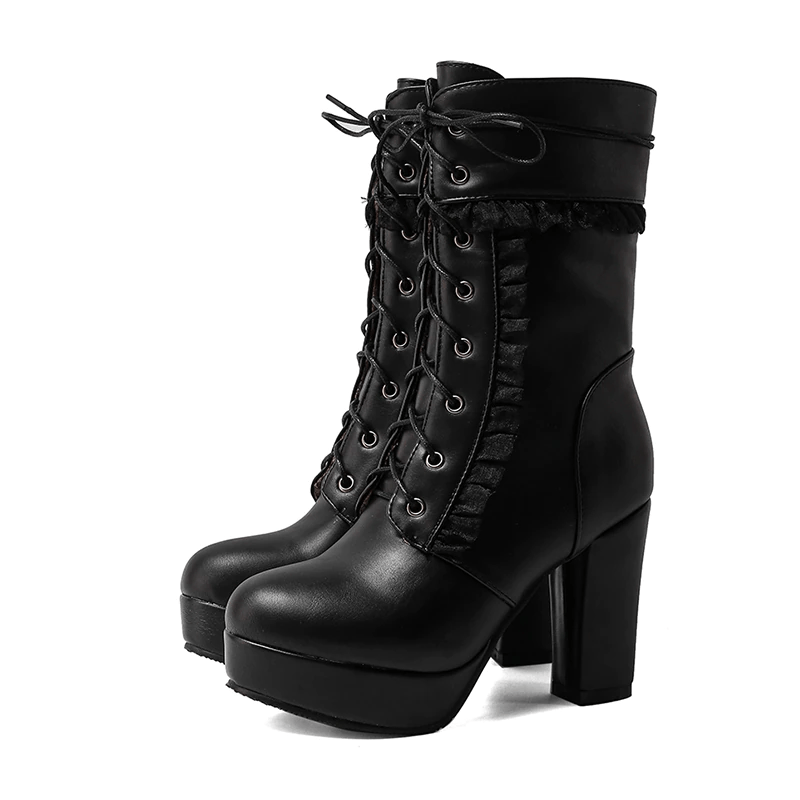 All-Black Platform High Heels - Pu Leather, Chunky Boots