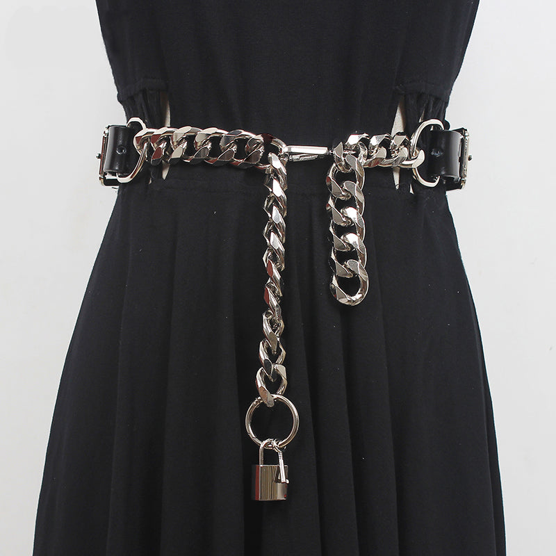 Metal Chain Leather Belt with Padlock - Edgy Fashion Accessory