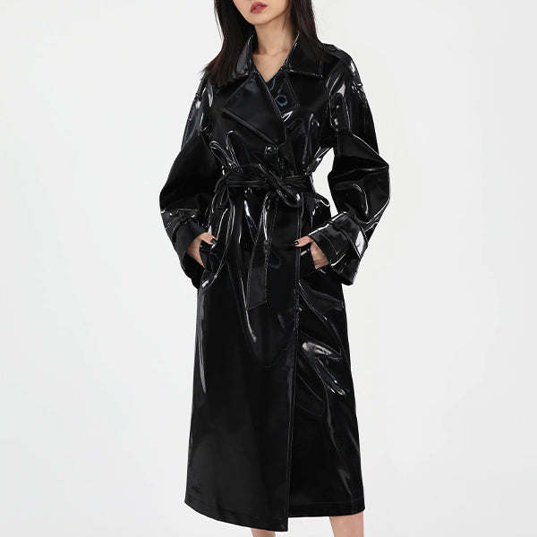 Chic Black Leather Trench Coat for Women