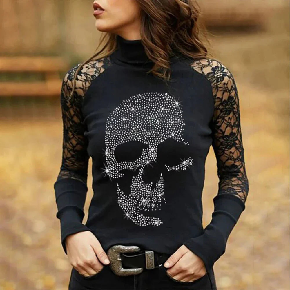 Chic Skull Print Womens Top in Black