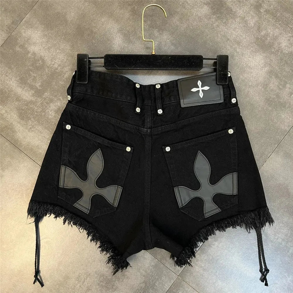 Gothic Style Cotton Polyester Blend Womens Black Shorts