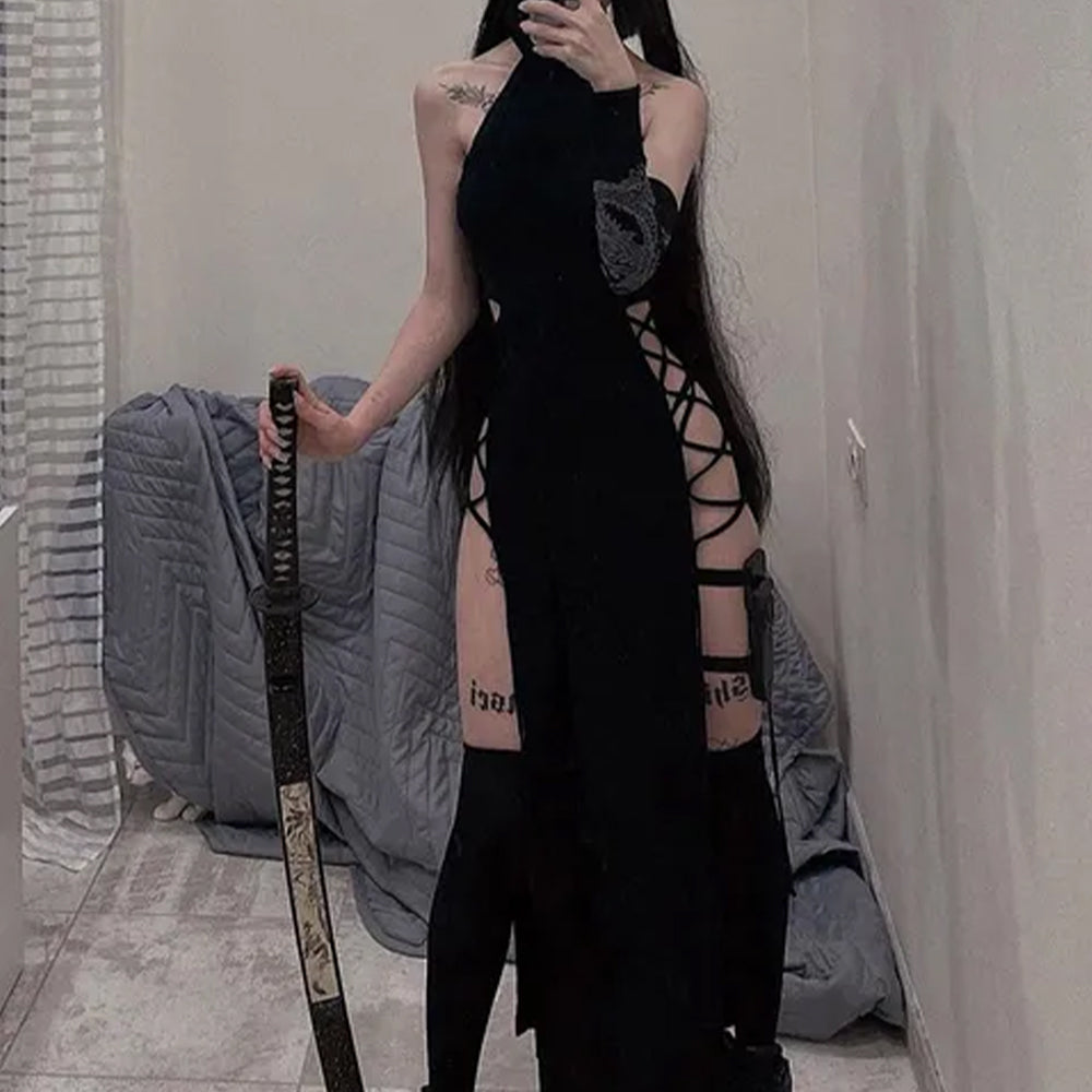 Elegant Black Gothic Cotton-Polyester Dress