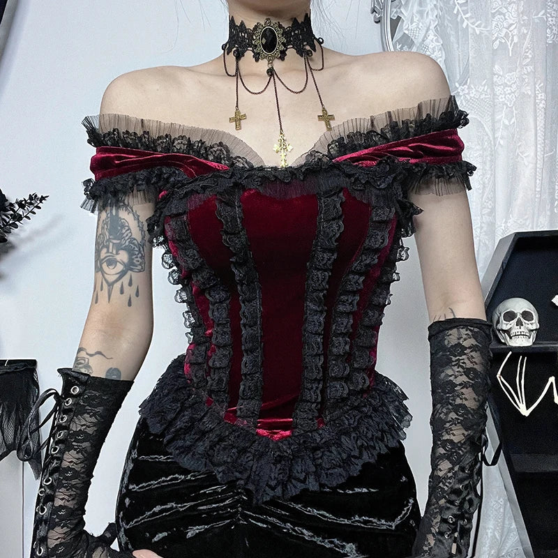 Velvet Gothic Fashion Top in Red for Women