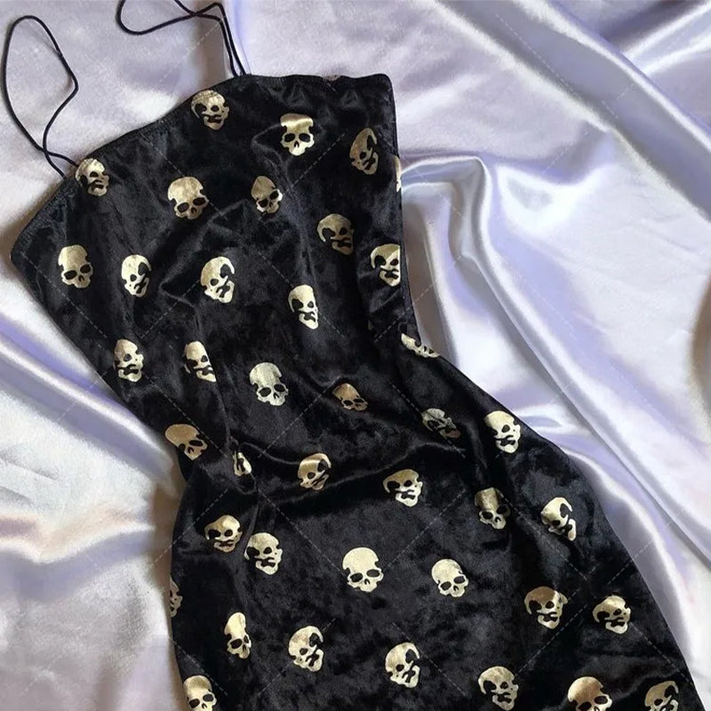Black Skull Print Cotton Polyester Blend Dress