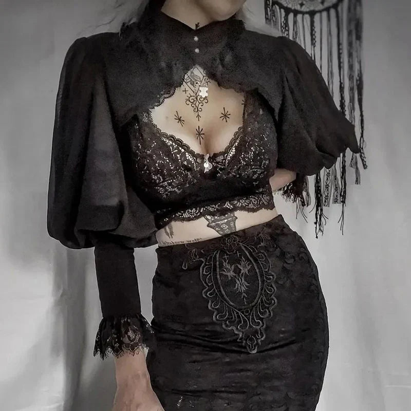 Black Gothic Lace Top Premium Lace Polyester Blend