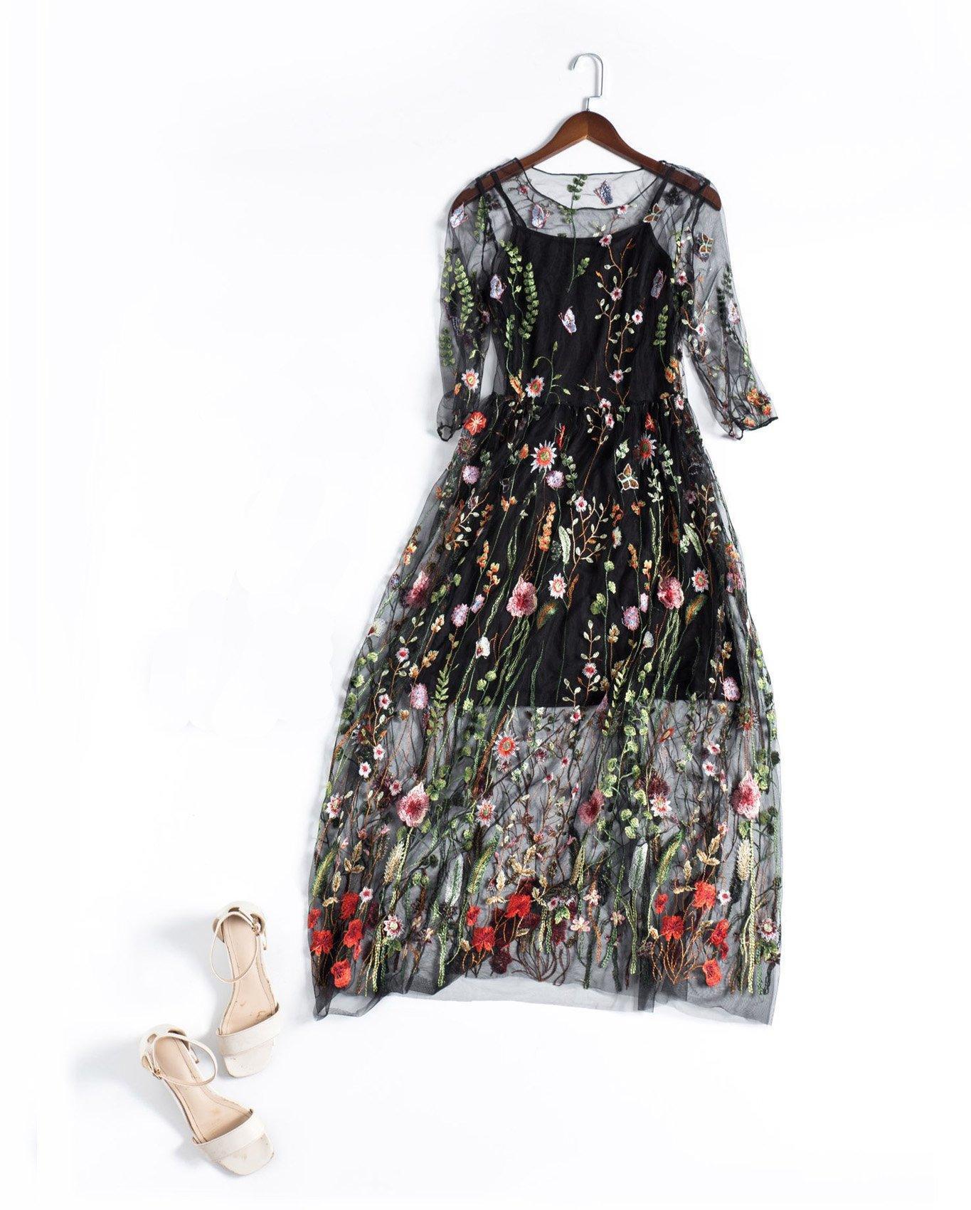 Chic Lace Embroidered Party Dress in Beige or Black