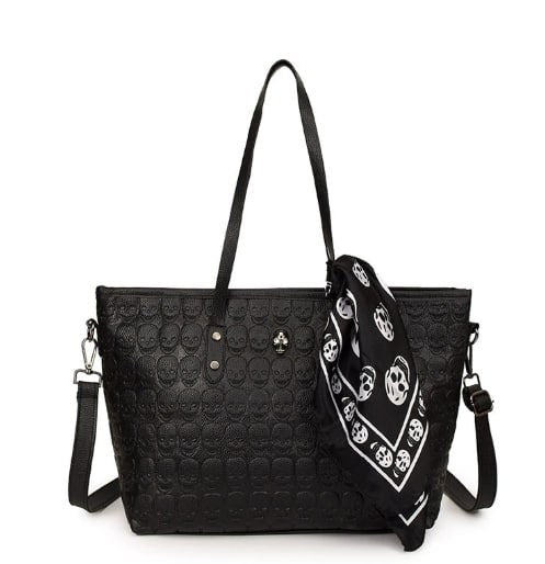 Skull Embossed Faux Leather Tote Bag