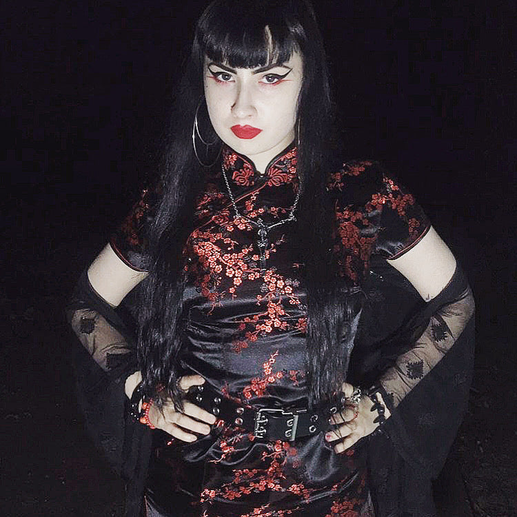 Chinese Traditional Satin Cheongsam Dress Dark Floral Design