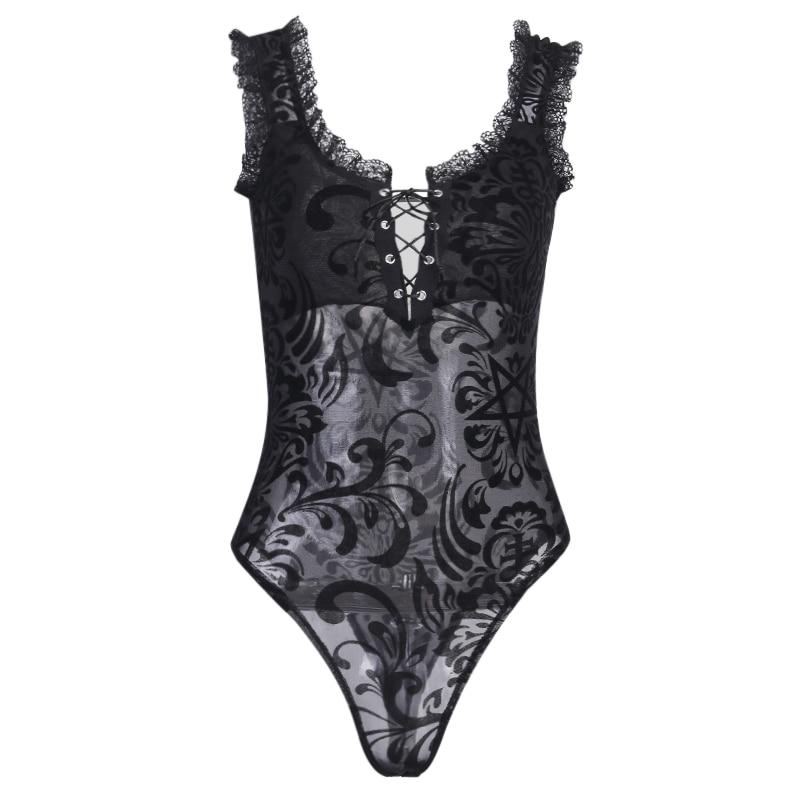 Black Gothic Womens Bodysuit Sleeveless with Dark Motifs