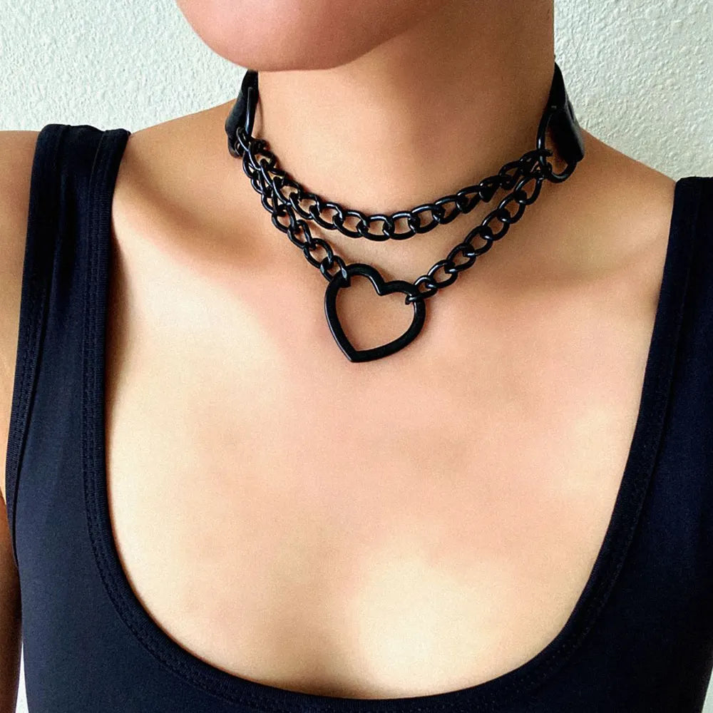 Black Heart Choker Necklace for Women - Premium PU Leather & Alloy