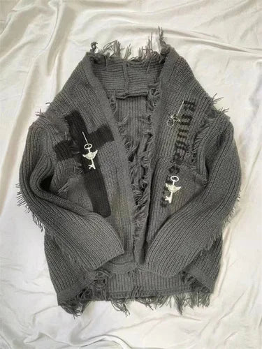 Gray Cotton Polyester Blend Gothic Cardigan
