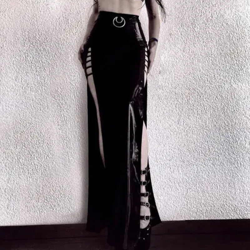 Gothic Faux Leather Maxi Skirt in Black