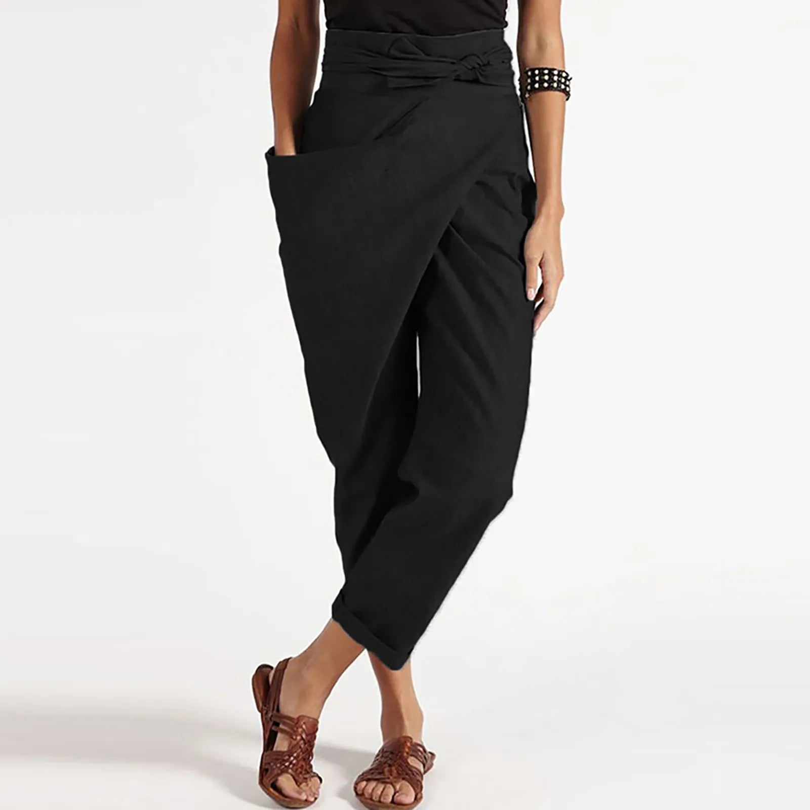 Black Cotton & Polyester Womens Harem Pants