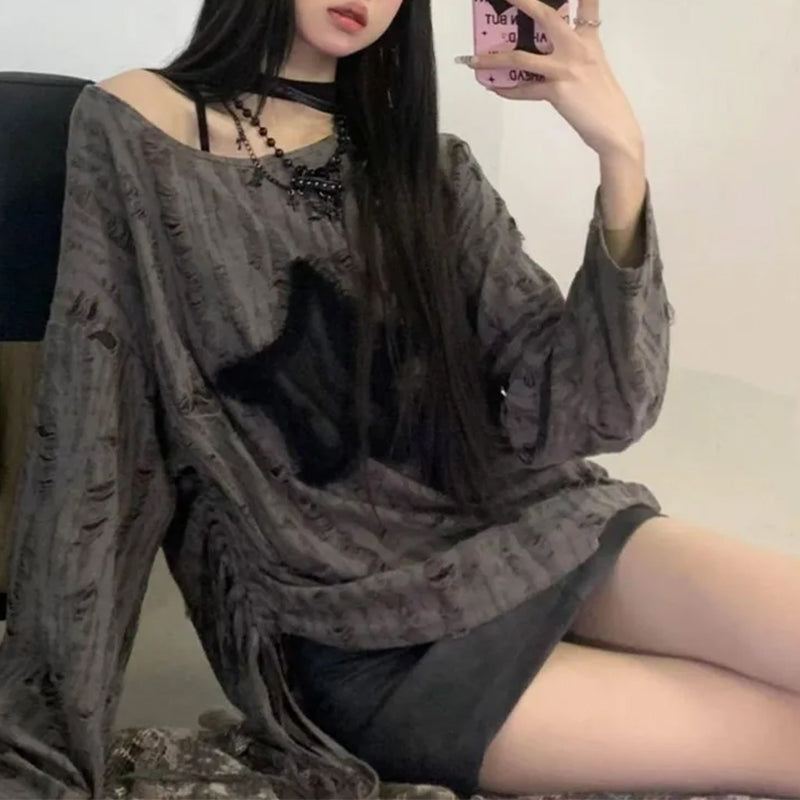 Womens Gray Knit Gothic Sweater
