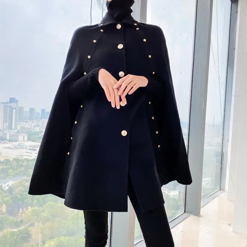Luxe Black Womens Elegant Wool Blend Cape