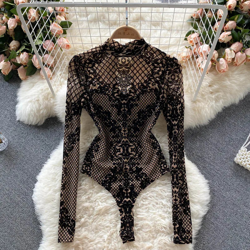 Black Velvet Bodysuit In Premium Cotton & Polyester Blend