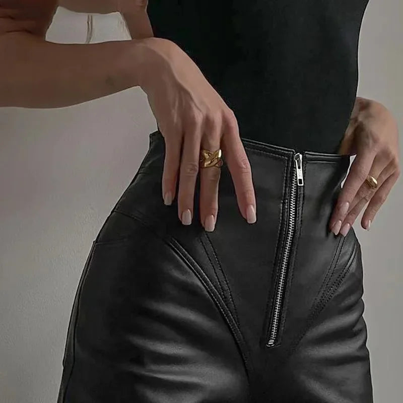 Fashionable Black Faux Leather Womens Pants