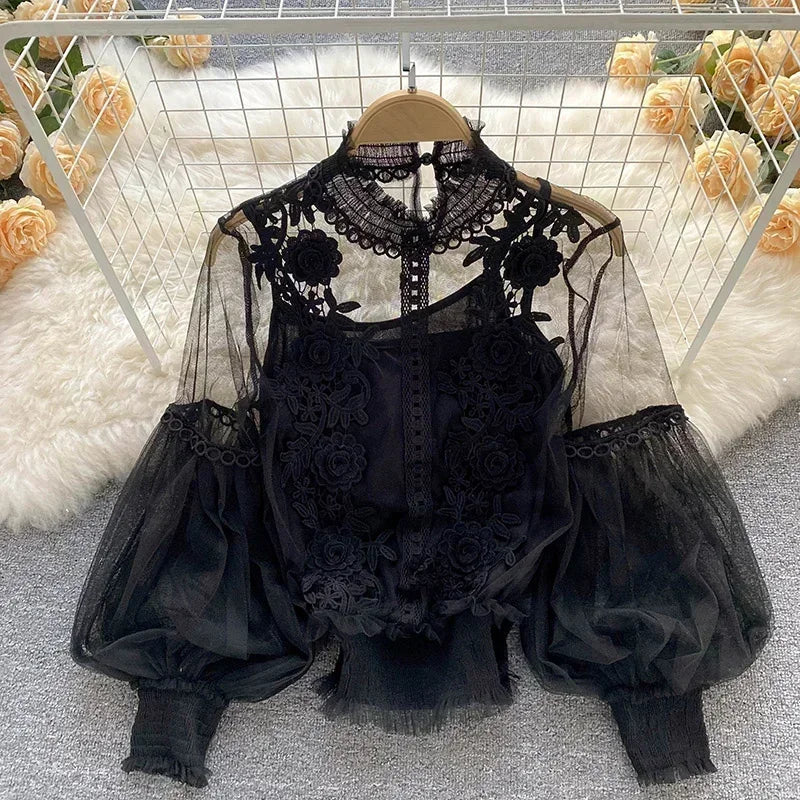 Vintage Black Cotton Polyester Womens Blouse