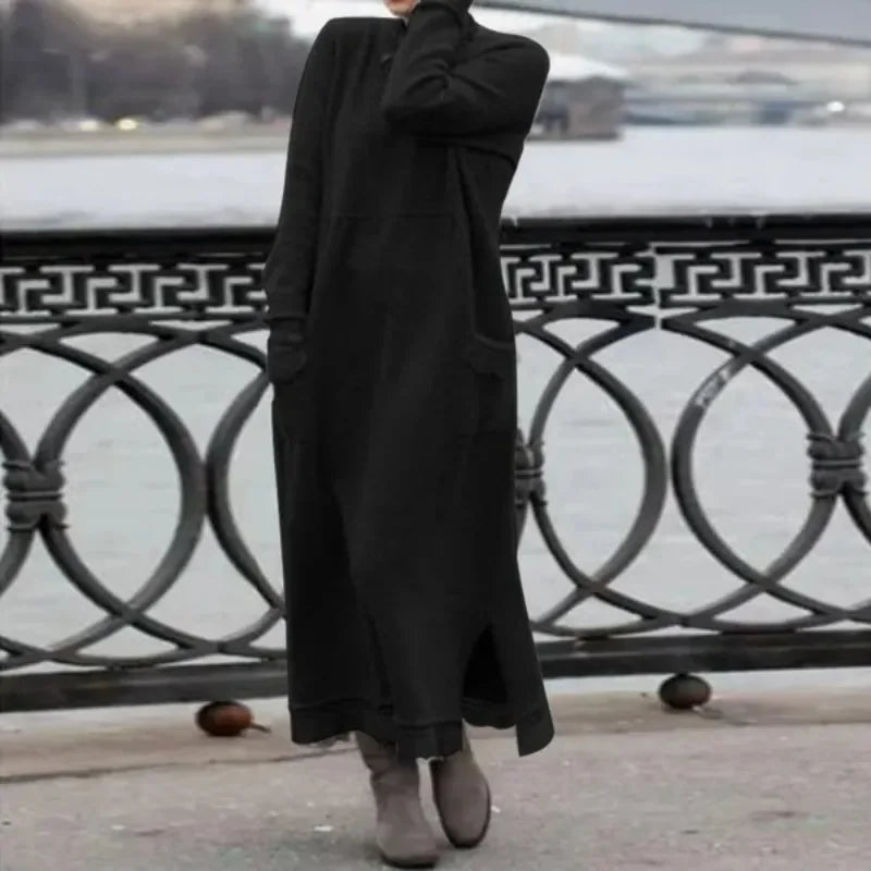 Winter Hooded Black Cotton Polyester Dress for Women