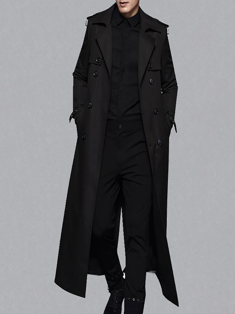 Black Extra Long Cotton Polyester Trench Jacket for Men