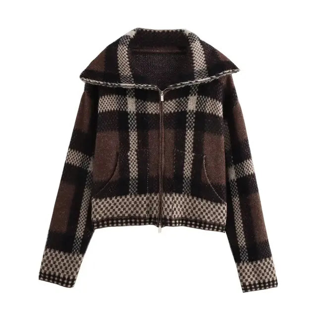 Brown Plaid Knit Cardigan for Women - Premium Cotton & Polyester Blend