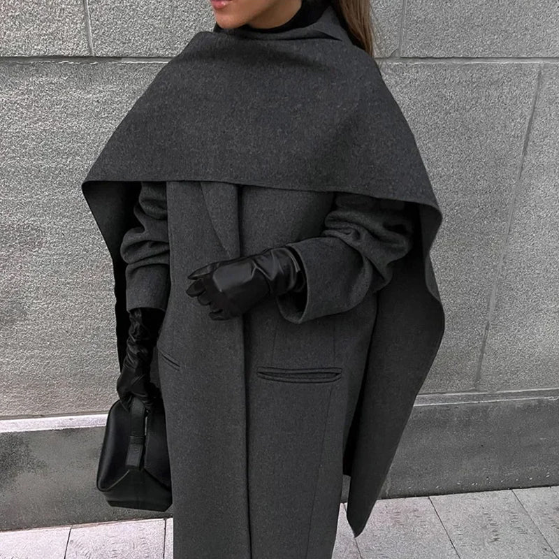 Elegant Gray Oversized Womens Overcoat Premium Blend Fabric